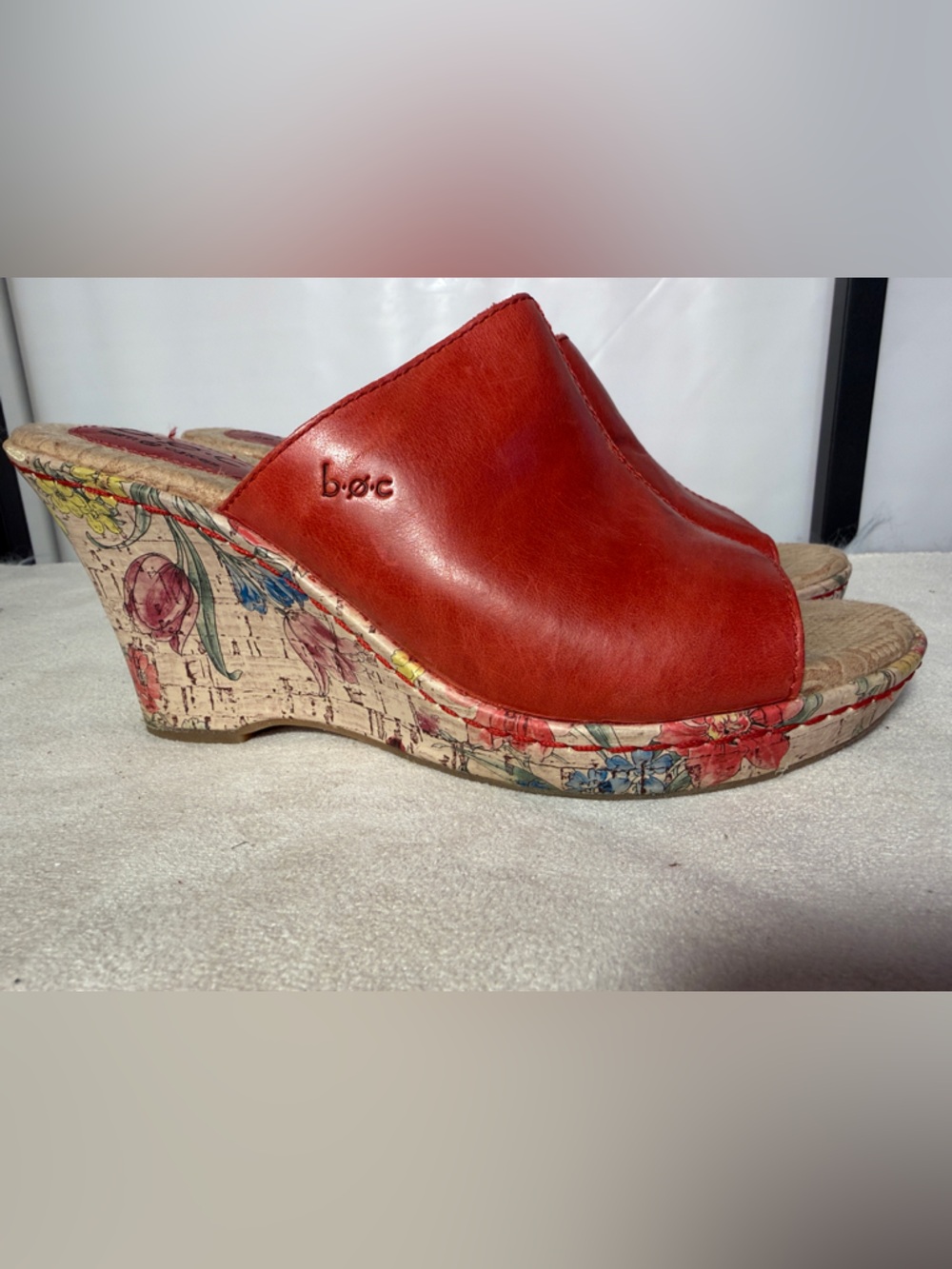 b.o.c. Red Leather Floral Cork Platform Mules